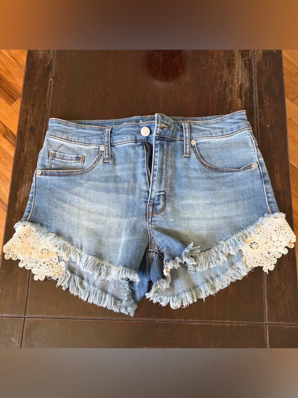 Mossimo Supply Co. Light Blue Denim Crochet-Trim Fringe Shorts